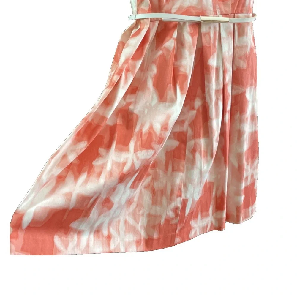 Calvin Klein Watercolor Belted Dress Pleated  Size 8 Pink White V Neck